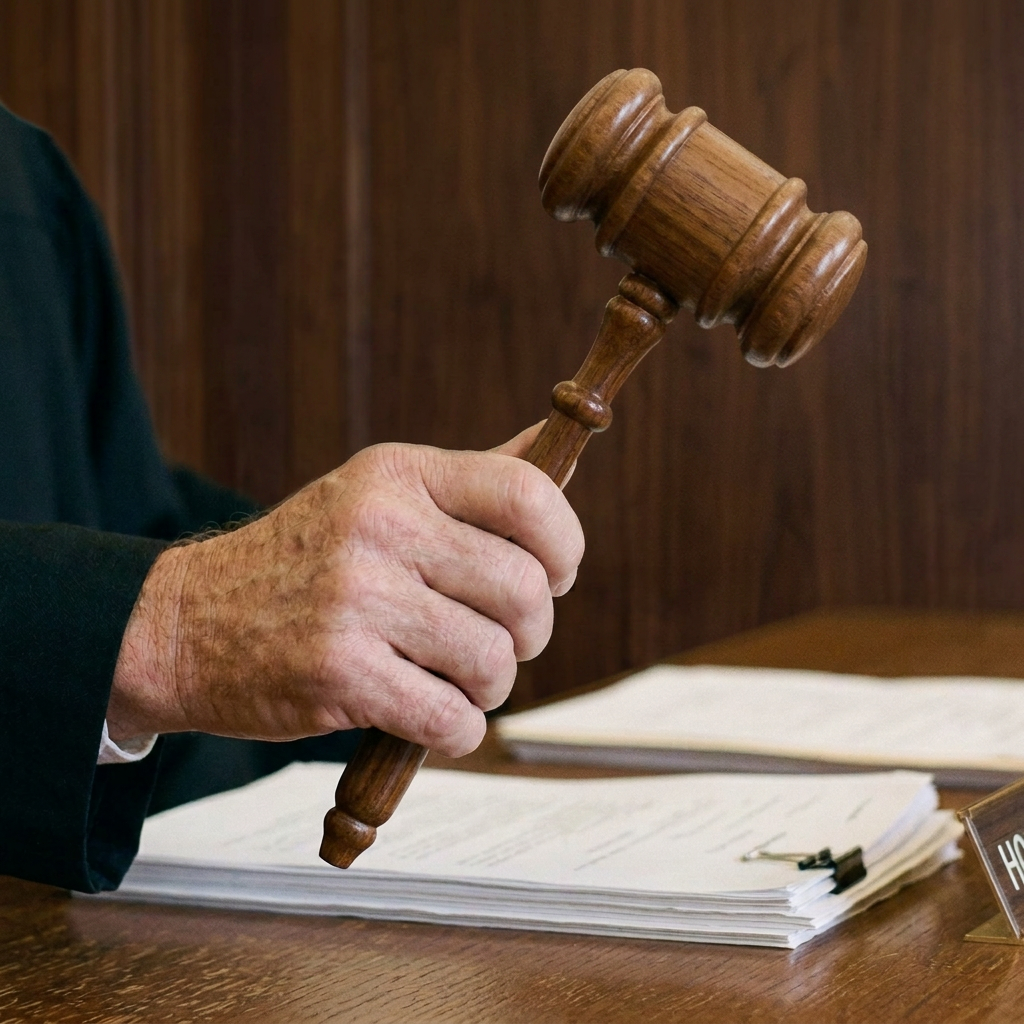 Judge in black robe striking gavel at courtroom desk